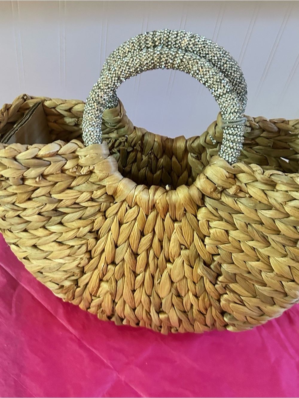 Woven Straw Handbag with Rhinestone Handles - Natural